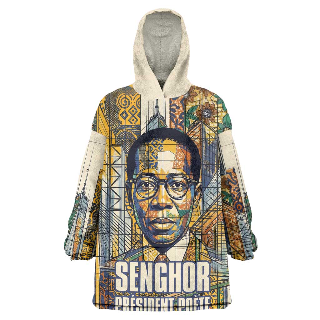 Léopold Sédar Senghor Wearable Blanket Hoodie President Poete Portrait Futuristic African Robotic Handshake Earth and Flowers Unity - African Pride