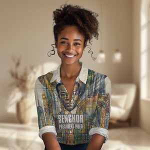 Léopold Sédar Senghor Women Casual Shirt President Poete Portrait Futuristic African Robotic Handshake Earth and Flowers Unity - African Pride