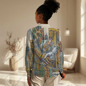 Léopold Sédar Senghor Women Casual Shirt President Poete Portrait Futuristic African Robotic Handshake Earth and Flowers Unity - African Pride