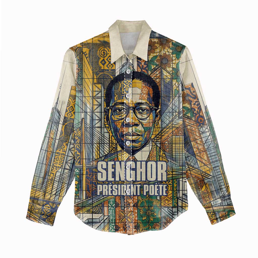Léopold Sédar Senghor Women Casual Shirt President Poete Portrait Futuristic African Robotic Handshake Earth and Flowers Unity - African Pride