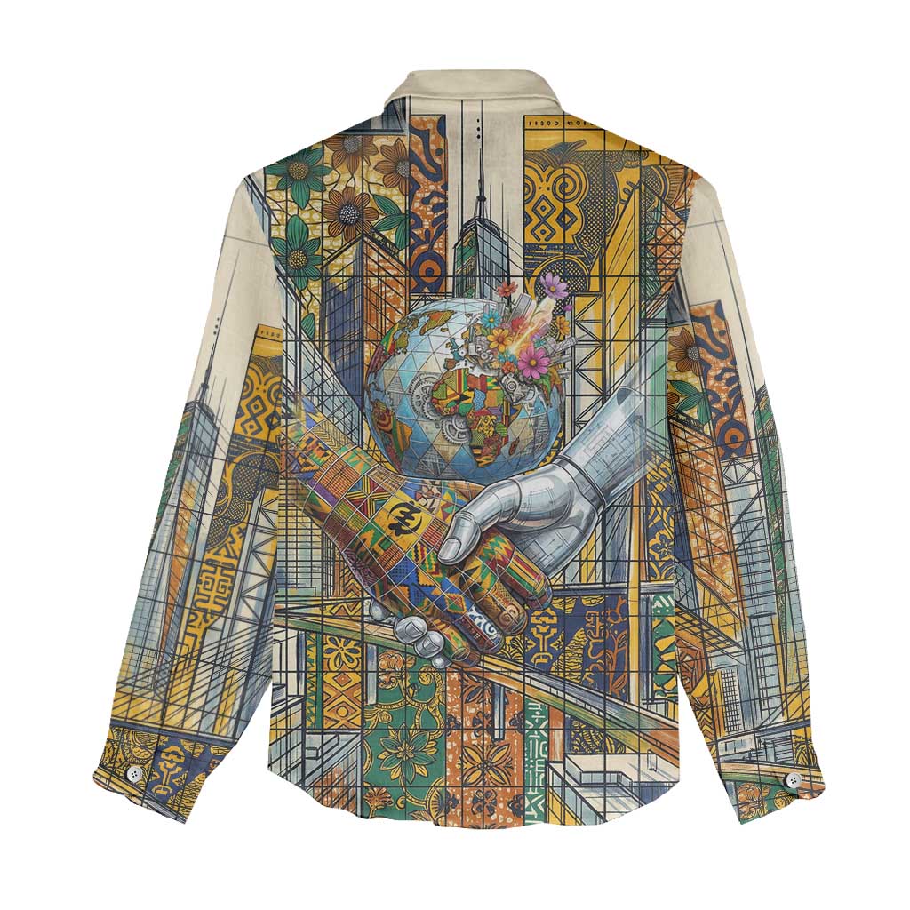 Léopold Sédar Senghor Women Casual Shirt President Poete Portrait Futuristic African Robotic Handshake Earth and Flowers Unity - African Pride