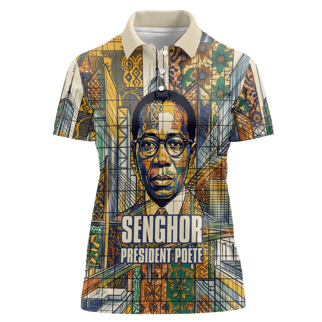 Léopold Sédar Senghor Women Polo Shirt President Poete Portrait Futuristic African Robotic Handshake Earth and Flowers Unity - African Pride