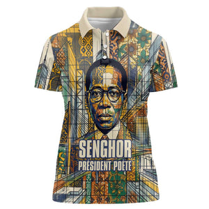 Léopold Sédar Senghor Women Polo Shirt President Poete Portrait Futuristic African Robotic Handshake Earth and Flowers Unity - African Pride