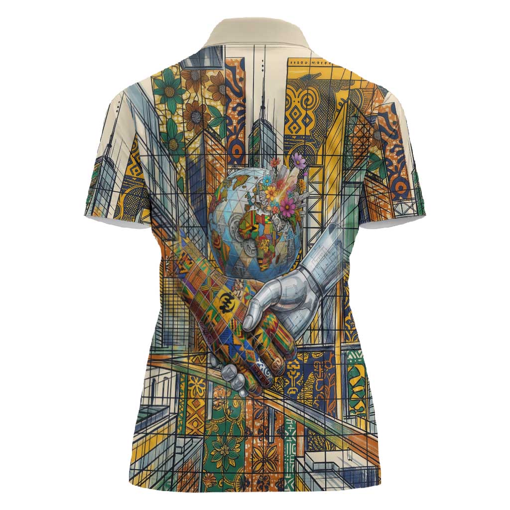 Léopold Sédar Senghor Women Polo Shirt President Poete Portrait Futuristic African Robotic Handshake Earth and Flowers Unity - African Pride