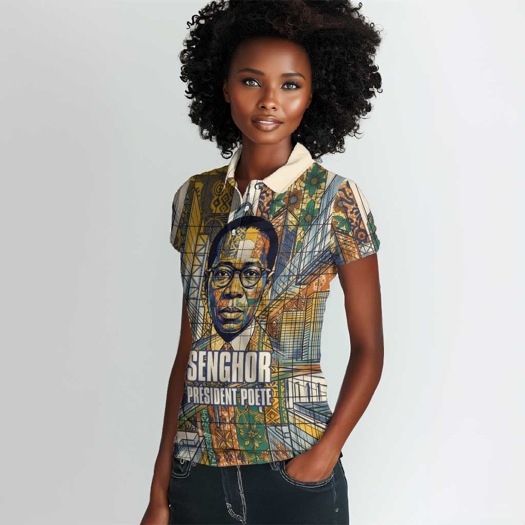Léopold Sédar Senghor Women Polo Shirt President Poete Portrait Futuristic African Robotic Handshake Earth and Flowers Unity - African Pride