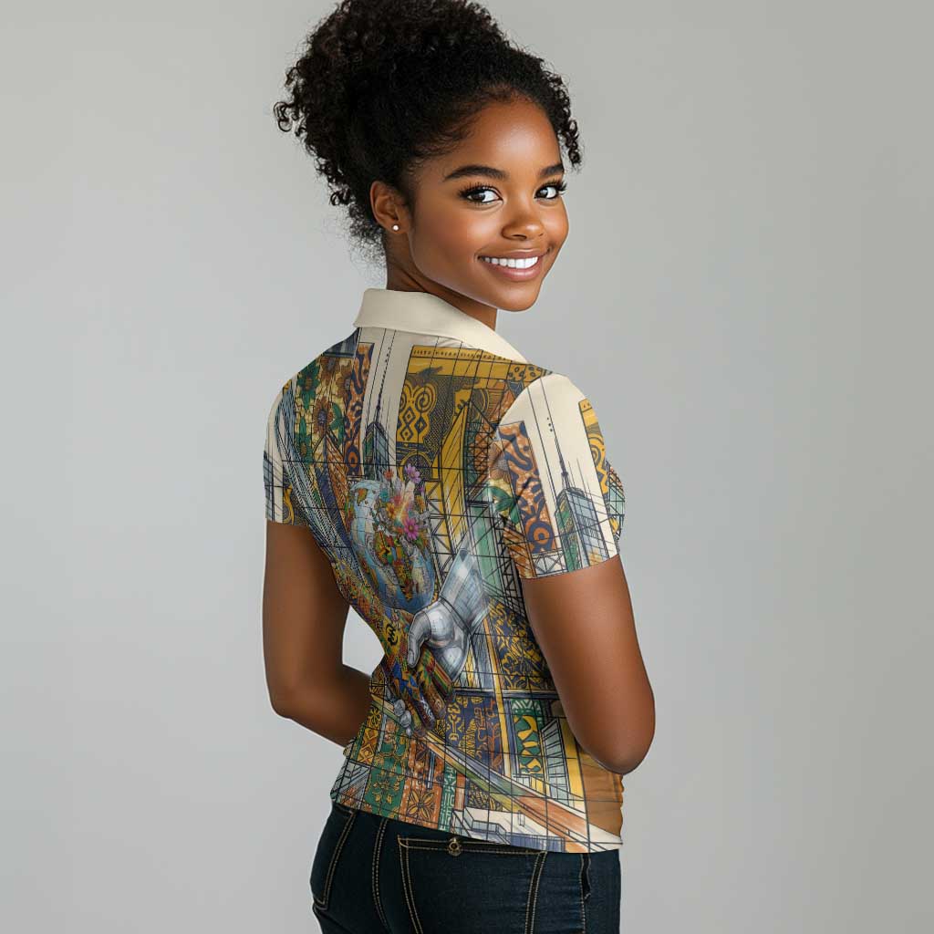 Léopold Sédar Senghor Women Polo Shirt President Poete Portrait Futuristic African Robotic Handshake Earth and Flowers Unity - African Pride