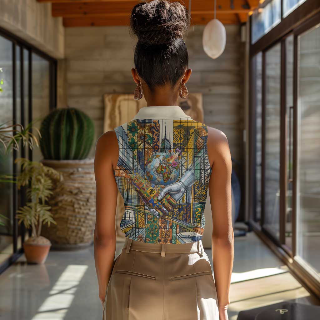 Léopold Sédar Senghor Women Sleeveless Polo Shirt President Poete Portrait Futuristic African Robotic Handshake Earth and Flowers Unity - African Pride