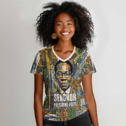 Léopold Sédar Senghor Women V-Neck T-Shirt President Poete Portrait Futuristic African Robotic Handshake Earth and Flowers Unity - African Pride