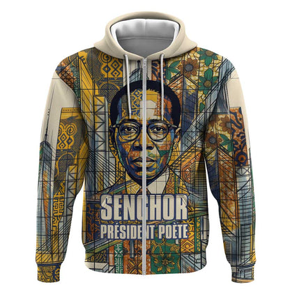 Léopold Sédar Senghor Zip Hoodie President Poete Portrait Futuristic African Robotic Handshake Earth and Flowers Unity - African Pride