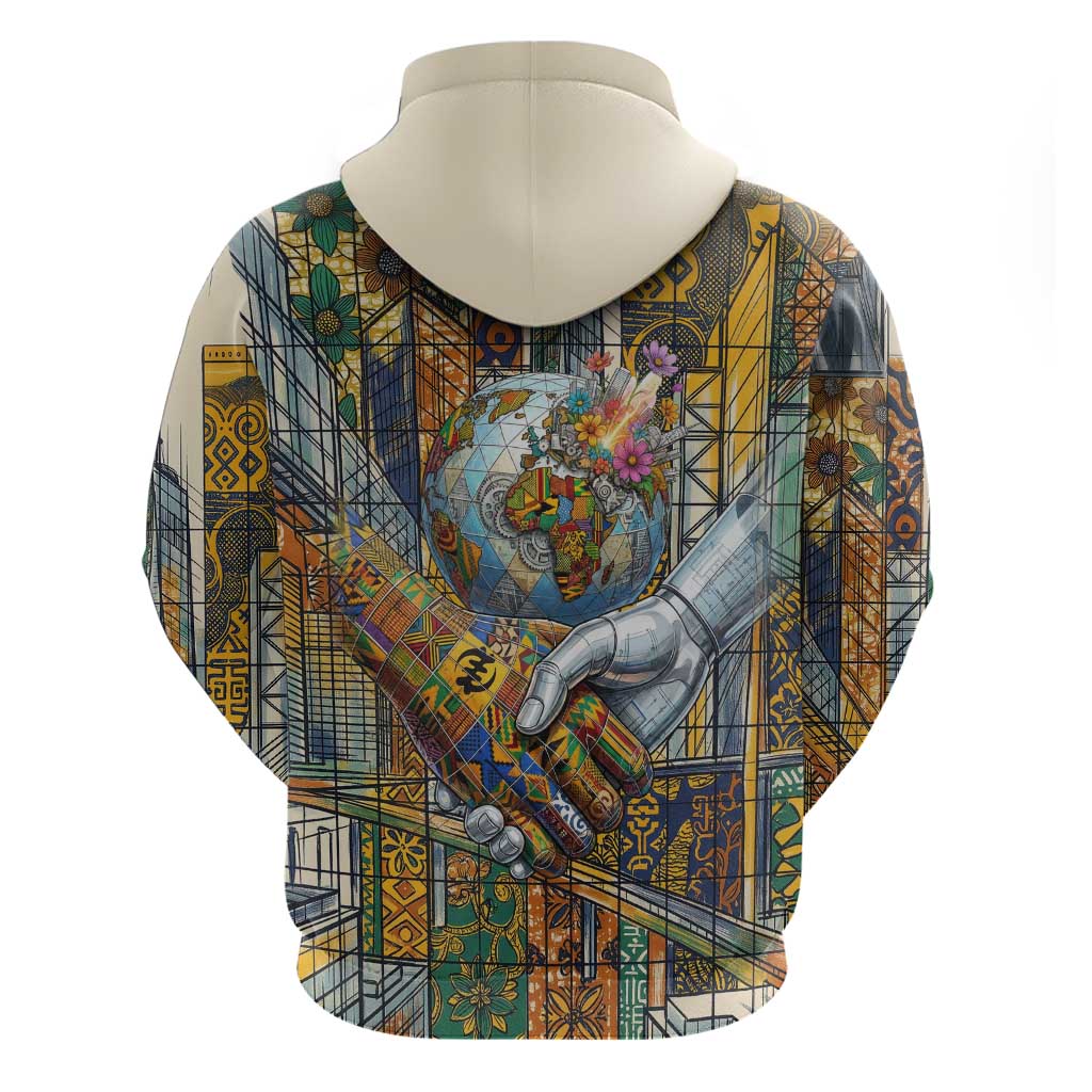 Léopold Sédar Senghor Zip Hoodie President Poete Portrait Futuristic African Robotic Handshake Earth and Flowers Unity - African Pride
