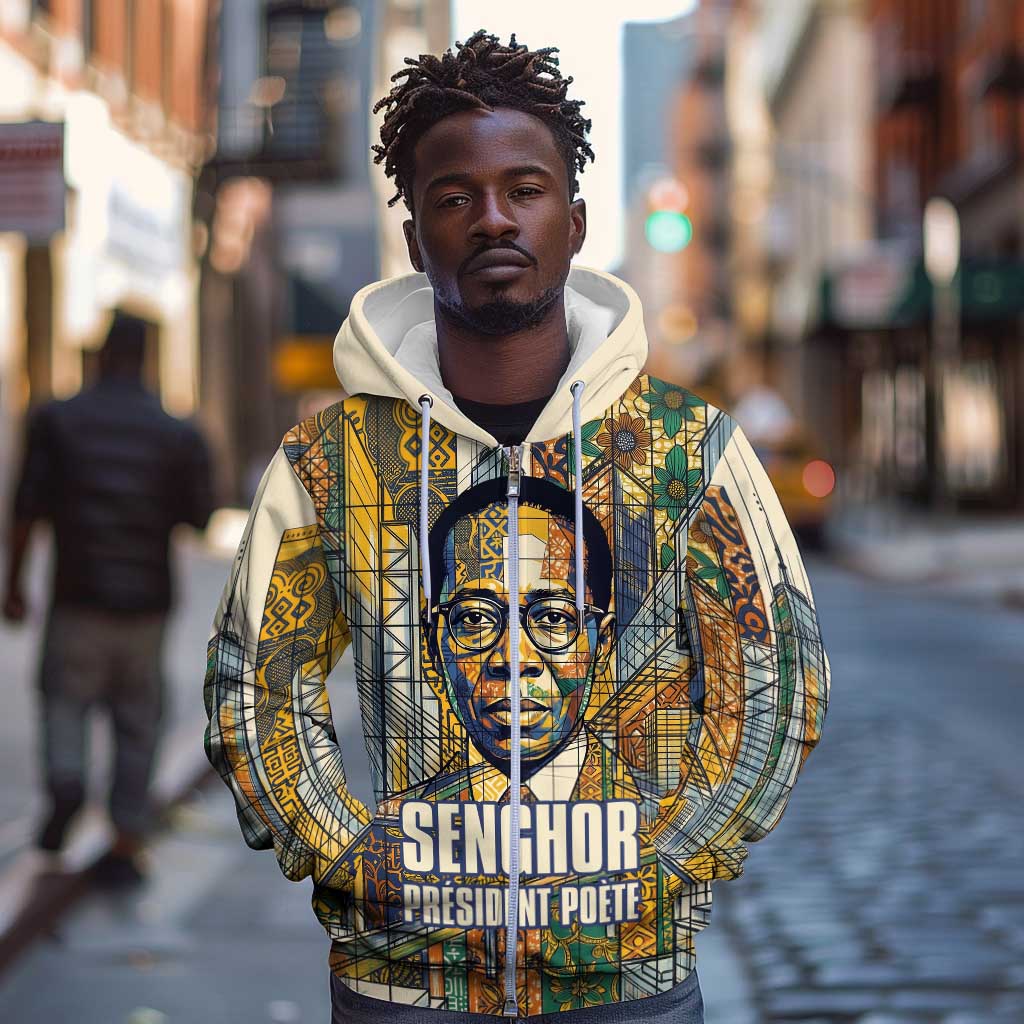 Léopold Sédar Senghor Zip Hoodie President Poete Portrait Futuristic African Robotic Handshake Earth and Flowers Unity - African Pride