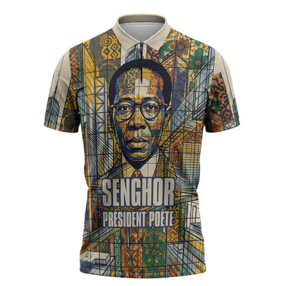 Léopold Sédar Senghor Zipper Polo Shirt President Poete Portrait Futuristic African Robotic Handshake Earth and Flowers Unity - African Pride