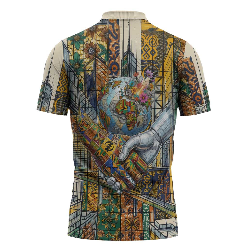 Léopold Sédar Senghor Zipper Polo Shirt President Poete Portrait Futuristic African Robotic Handshake Earth and Flowers Unity - African Pride