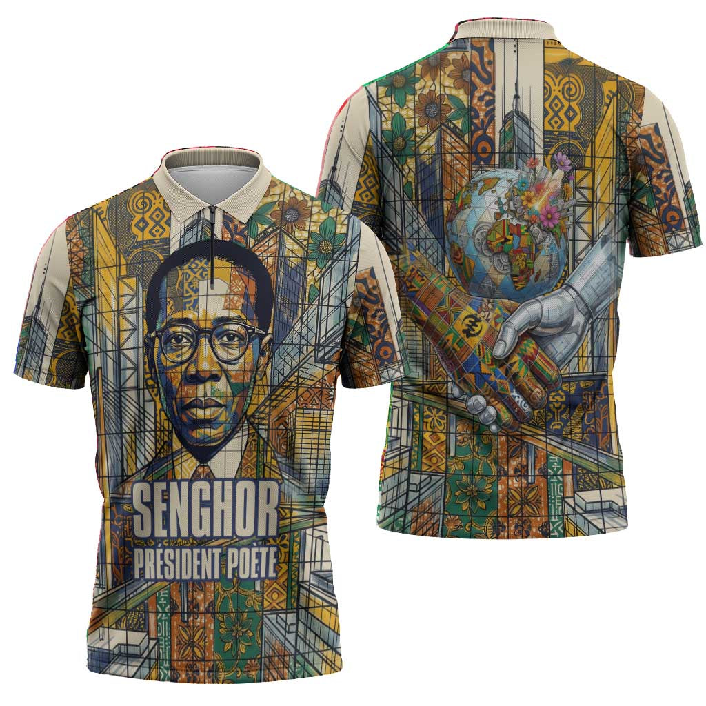 Léopold Sédar Senghor Zipper Polo Shirt President Poete Portrait Futuristic African Robotic Handshake Earth and Flowers Unity - African Pride