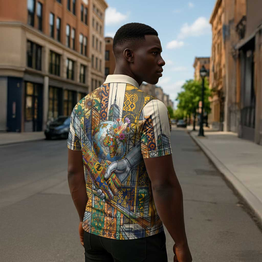 Léopold Sédar Senghor Zipper Polo Shirt President Poete Portrait Futuristic African Robotic Handshake Earth and Flowers Unity - African Pride