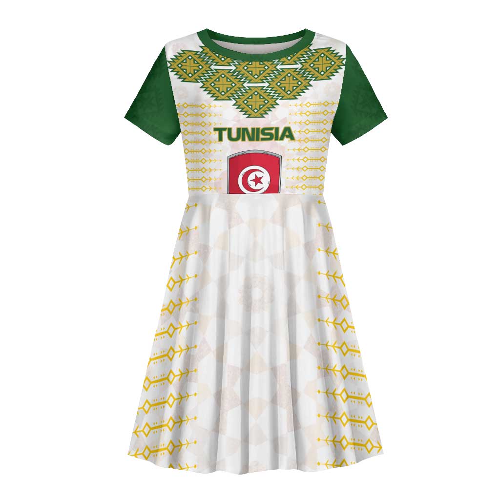 Tunisia Flag Kid Short Sleeve Dress with National Crest and Emblem