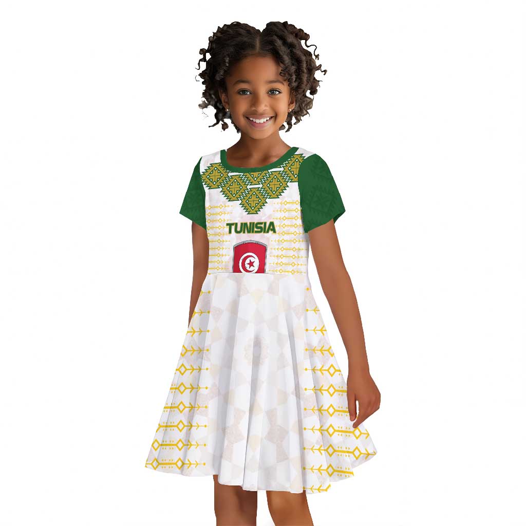 Tunisia Flag Kid Short Sleeve Dress with National Crest and Emblem
