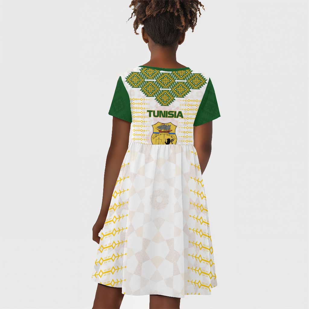 Tunisia Flag Kid Short Sleeve Dress with National Crest and Emblem