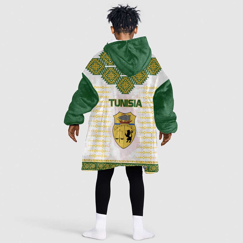 Tunisia Flag Kid Wearable Blanket Hoodie with National Crest and Emblem
