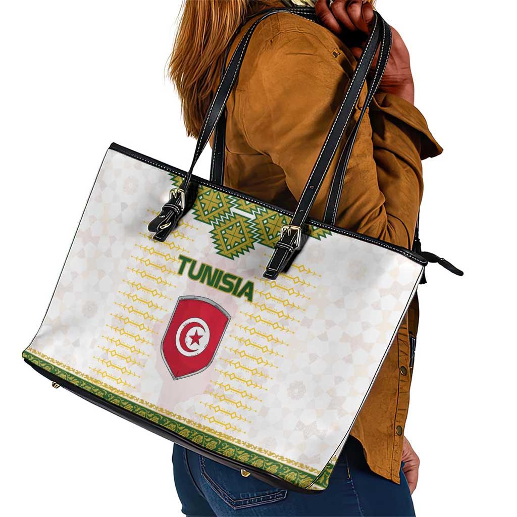 Tunisia Flag Leather Tote Bag with National Crest and Emblem