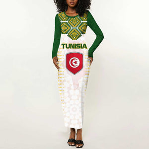 Tunisia Flag Long Sleeve Bodycon Dress with National Crest and Emblem