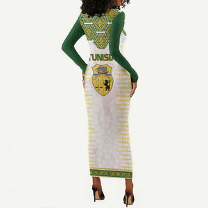 Tunisia Flag Long Sleeve Bodycon Dress with National Crest and Emblem