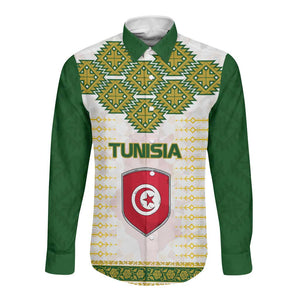 Tunisia Flag Long Sleeve Button Shirt with National Crest and Emblem