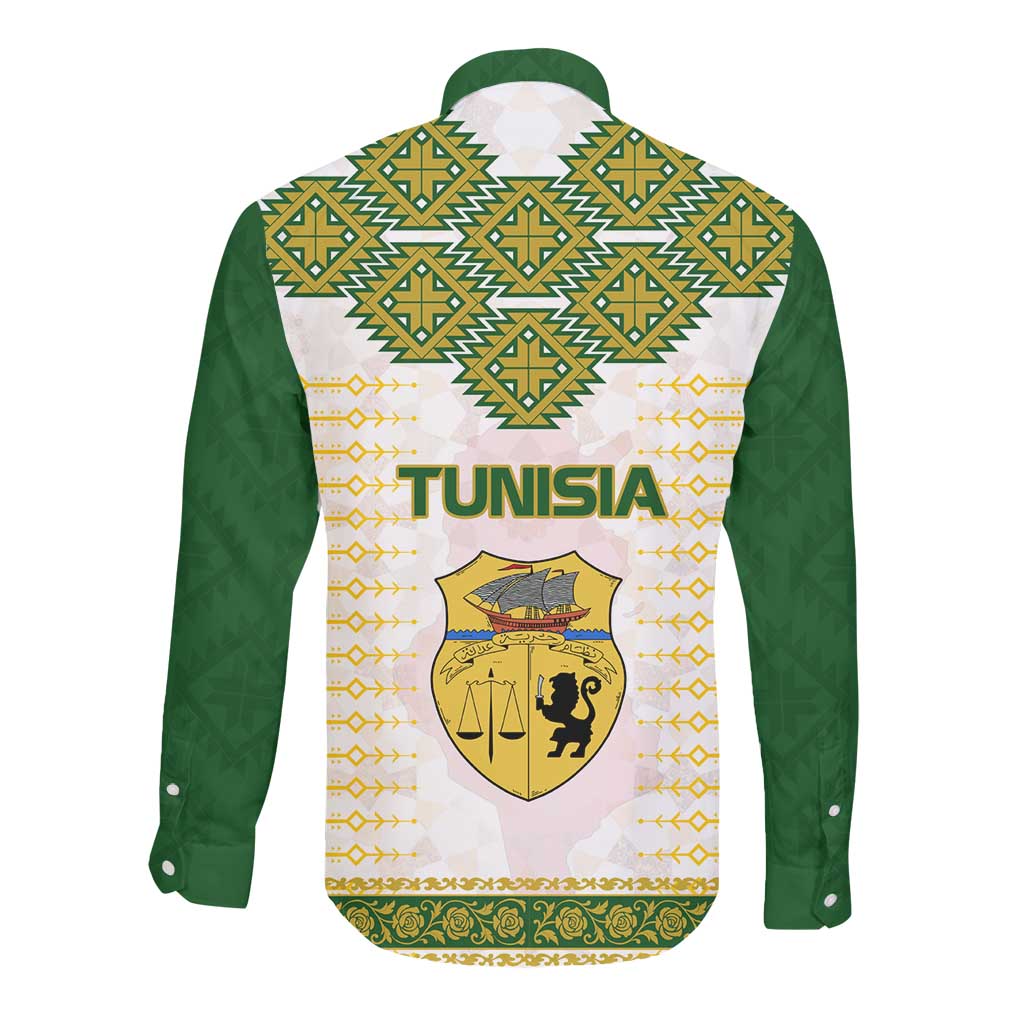 Tunisia Flag Long Sleeve Button Shirt with National Crest and Emblem