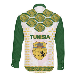 Tunisia Flag Long Sleeve Button Shirt with National Crest and Emblem