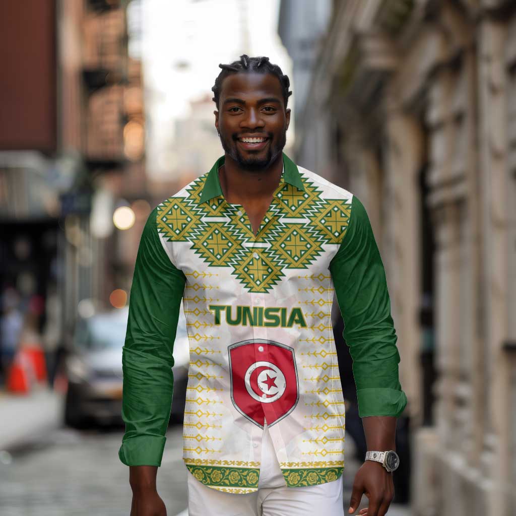 Tunisia Flag Long Sleeve Button Shirt with National Crest and Emblem