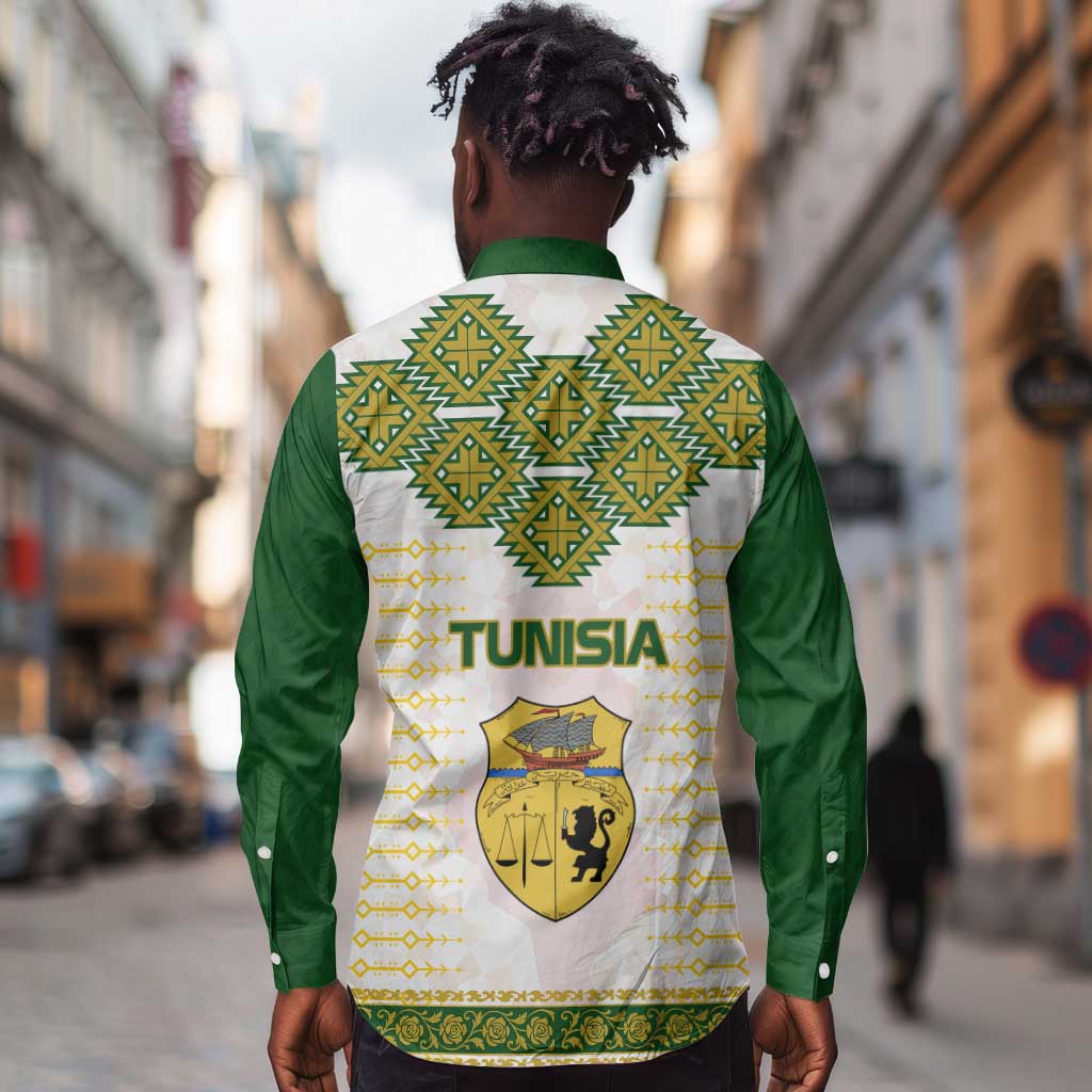 Tunisia Flag Long Sleeve Button Shirt with National Crest and Emblem