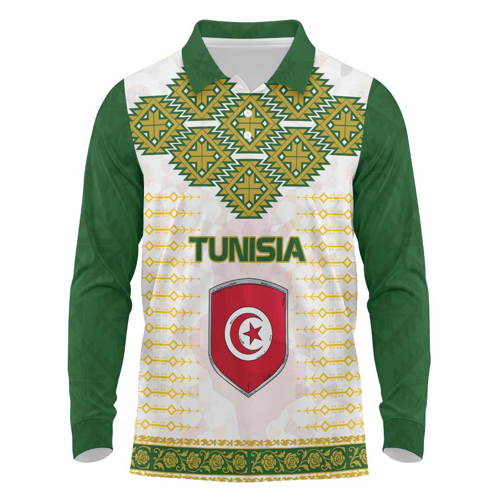 Tunisia Flag Long Sleeve Polo Shirt with National Crest and Emblem