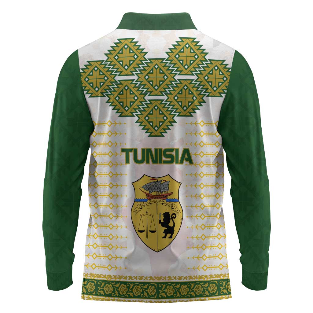 Tunisia Flag Long Sleeve Polo Shirt with National Crest and Emblem