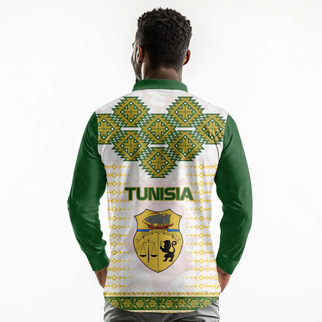 Tunisia Flag Long Sleeve Polo Shirt with National Crest and Emblem