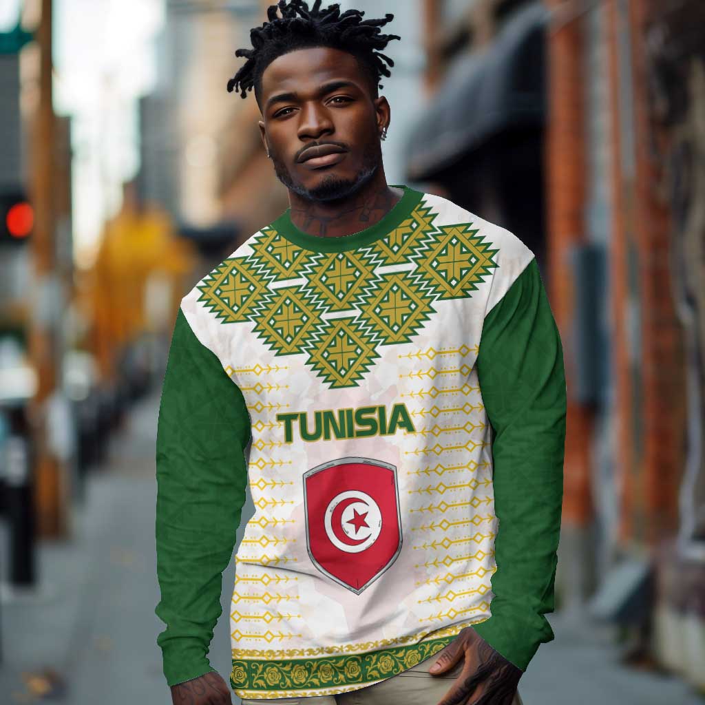 Tunisia Flag Long Sleeve Shirt with National Crest and Emblem