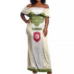 Tunisia Flag Off Shoulder Maxi Dress with National Crest and Emblem