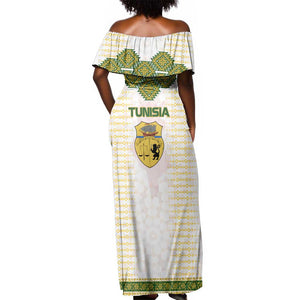 Tunisia Flag Off Shoulder Maxi Dress with National Crest and Emblem
