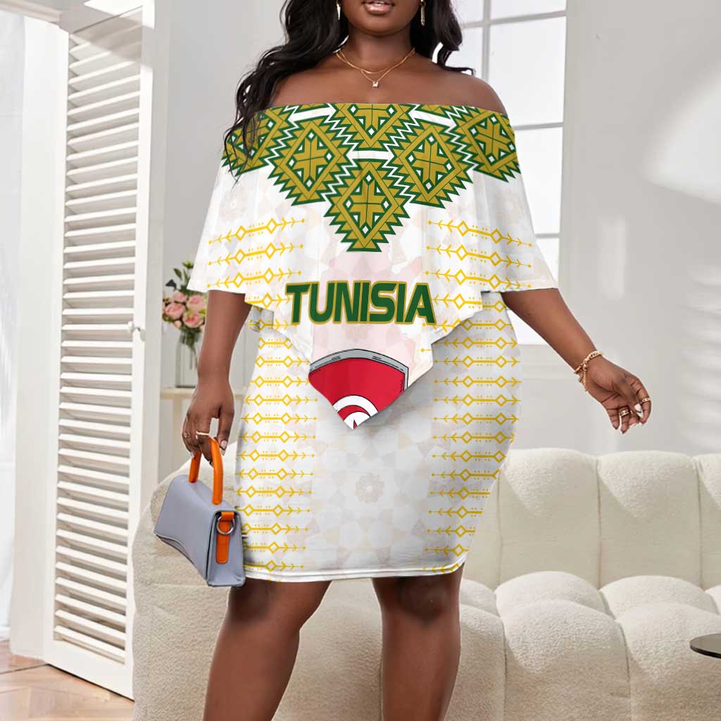 Tunisia Flag Off Shoulder Short Dress with National Crest and Emblem
