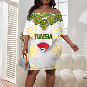 Tunisia Flag Off Shoulder Short Dress with National Crest and Emblem