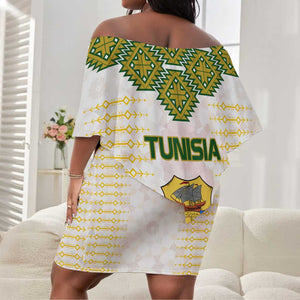 Tunisia Flag Off Shoulder Short Dress with National Crest and Emblem