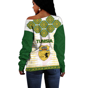 Tunisia Flag Off Shoulder Sweater with National Crest and Emblem