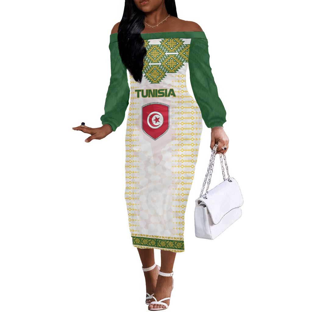 Tunisia Flag Off The Shoulder Long Sleeve Dress with National Crest and Emblem