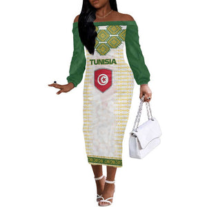 Tunisia Flag Off The Shoulder Long Sleeve Dress with National Crest and Emblem
