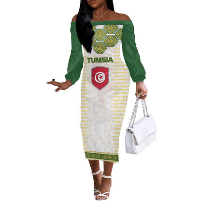 Tunisia Flag Off The Shoulder Long Sleeve Dress with National Crest and Emblem