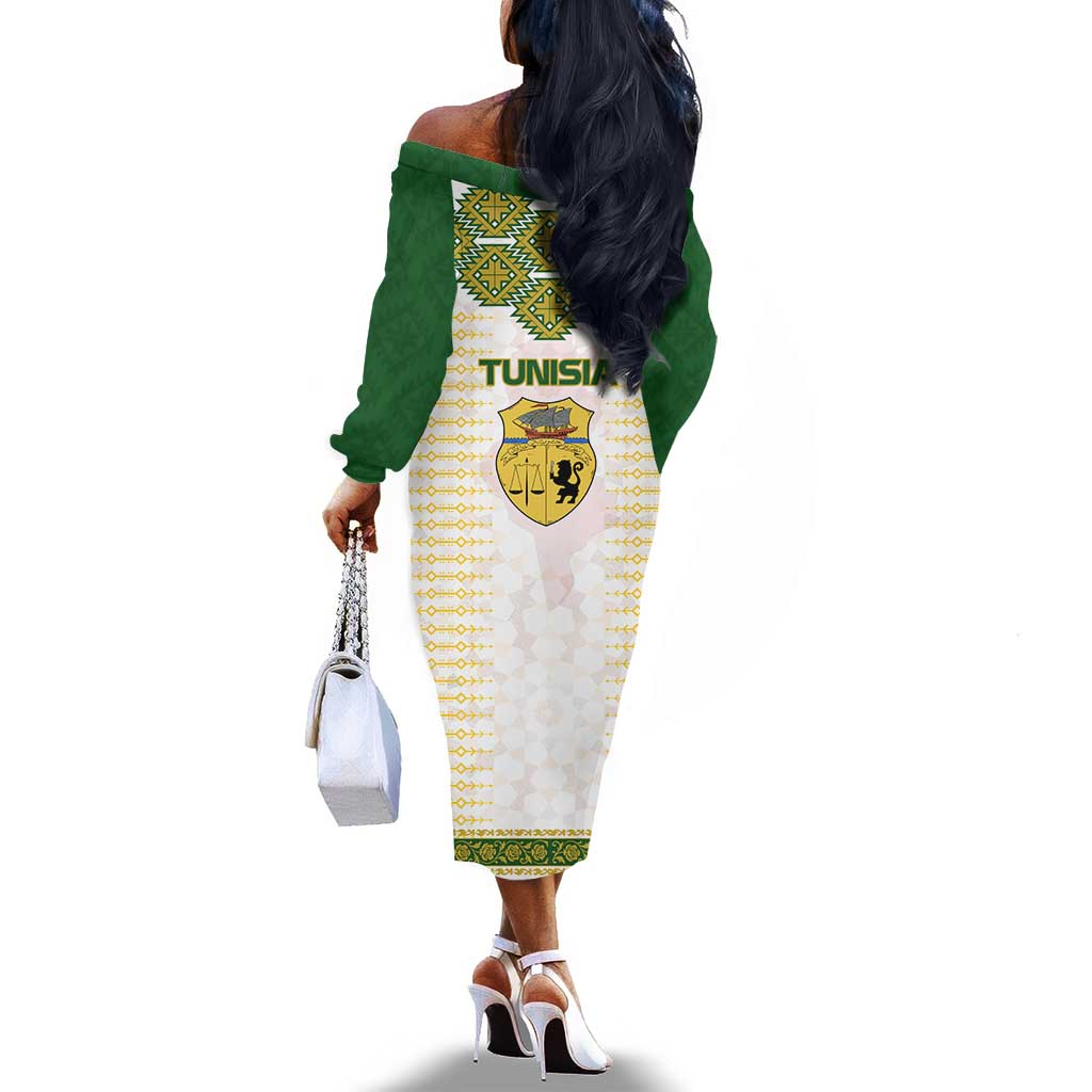 Tunisia Flag Off The Shoulder Long Sleeve Dress with National Crest and Emblem