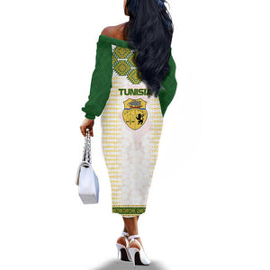 Tunisia Flag Off The Shoulder Long Sleeve Dress with National Crest and Emblem