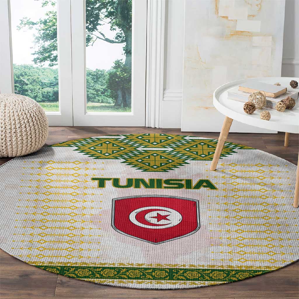 Tunisia Flag Round Carpet with National Crest and Emblem