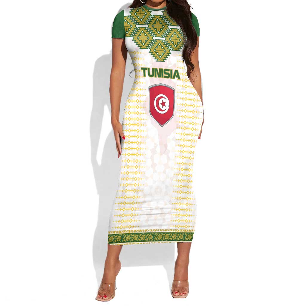Tunisia Flag Short Sleeve Bodycon Dress with National Crest and Emblem
