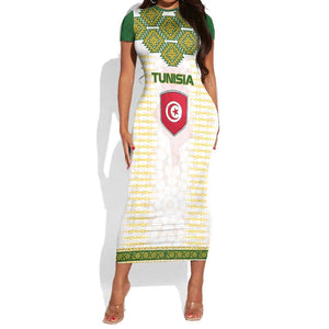 Tunisia Flag Short Sleeve Bodycon Dress with National Crest and Emblem