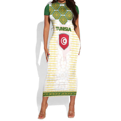 Tunisia Flag Short Sleeve Bodycon Dress with National Crest and Emblem